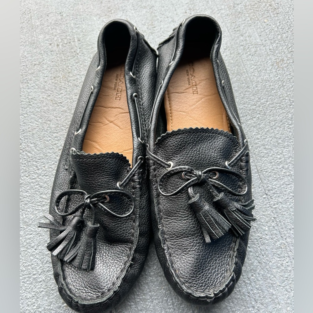 Coach Black Pebbled Leather Tassel Moccasins - Picture 2 of 10